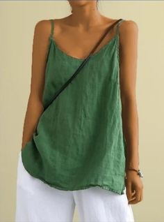 Summer Beach Plain Tops, Green Solid Color Beach Top, Plain Green Top For Summer, Green Cotton Camisole For Vacation, Green Solid Color Blouse For Summer, Green Solid Color Summer Blouse, Casual Solid Color Spring Camisole, Casual Green V-neck Camisole, Green Sleeveless Tops With Pockets