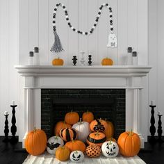 a fireplace decorated for halloween with pumpkins and jack - o'- lantern decorations