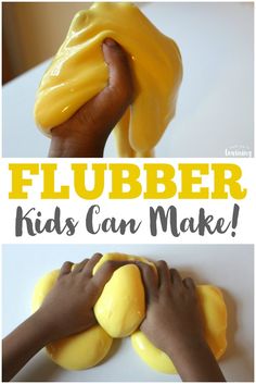 two pictures with hands and yellow icing on them that says flubber kids can make