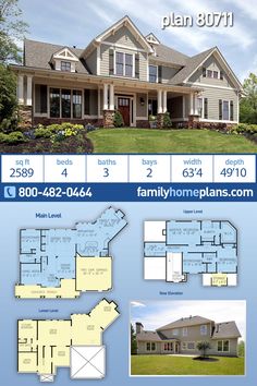 two story house plan with 3 car garage and attached living room, dining area and kitchen