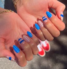 Two Color Nail Design Simple, Navy Nails Inspiration, Navy Blue And Green Nails, Denim And Diamond Nails, Nubby Nails, Cute Funky Nails Simple, 2024 Trending Nails, Fun Summer Nails Design 2024, Simple Festive Nails