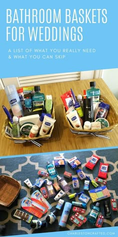 two baskets filled with different types of bathroom items