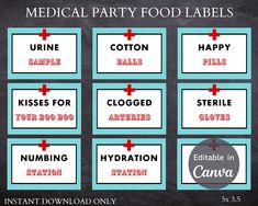 medical party food labels with red cross on them