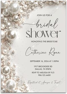 an elegant bridal shower card with pearls on the bottom and silver glitter in the middle