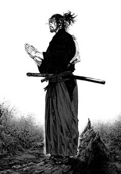 a black and white drawing of a man with two swords in his hands, standing on a hill