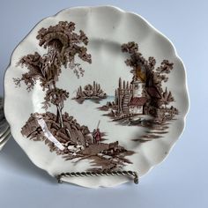 an antique china plate with a landscape scene on it