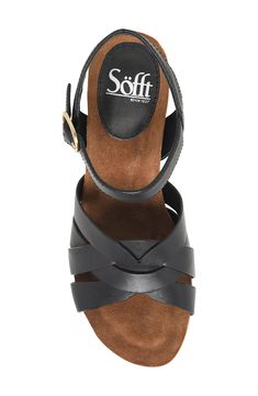 A foam-cushioned footbed lined with suede keep you comfy in this strappy sandal set on a woven wedge. 3 1/2" heel; 1" platform Memory foam cushioning Leather upper and lining/synthetic sole Imported Low Wedge Sandals Nordstrom, Affordable Women's Wedge Sandals For Day Out, Cheap Elegant Wedge Sandals For Vacation, Comfortable Sandals For Women Dillard's, Sofft Sandals, Black Wedge Sandals With Cork-bed Midsoles For Vacation, Leather Wedge Sandals With 4-inch Heel, Open Toe, Black Wedge Sandals With 4-inch Heel For Summer, Modern Black Wedge Sandals With 4-inch Heel