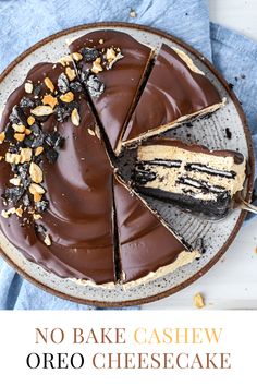 no bake cashew oreo cheesecake on a plate with a slice cut out