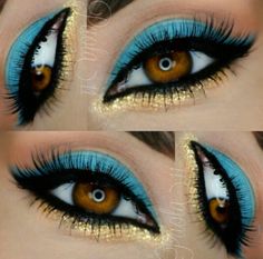 . Queen Of The Nile Makeup, Gold And Blue Eyeshadow, Ancient Greek Makeup, Cleopatra Photoshoot, Blue And Gold Makeup, Evil Eye Makeup, Genie Makeup, Dancing Makeup, Princess Jasmine Makeup