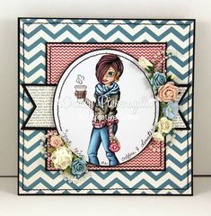 a handmade card with a girl holding a coffee cup and flowers on the side