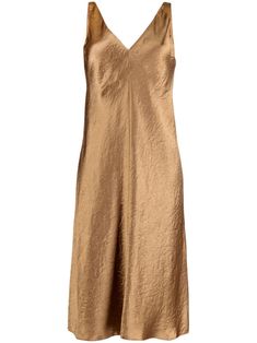 camel brown panelled design V-back V-neck sleeveless below-knee length straight hem Chic Gold Sleeveless Slip Dress, Sleeveless Beige Slip Dress Bias Cut, Sleeveless Bias Cut Beige Slip Dress, Sleeveless Bias-cut Beige Slip Dress, Brown Silk V-neck Dress, Brown Slip Dress With Spaghetti Straps, Chic Brown Slip Dress With Spaghetti Straps, Gold Sleeveless Silk Midi Dress, Gold Silk Sleeveless Midi Dress