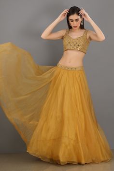 Yellow blouse with all-over embroidery and lead neckline. Comes with lehenga and dupatta.
Component: 3
Embroidered
Neckline: Sweetheart
Sleeve Length: Sleeveless
Fabric: Linen, Satin, Organza
Color: Yellow
Round neck at the back
Embroidered waistband and dupatta
Closure:
Blouse: Concealed zip closure at the side - Aza Fashions Fitted Chanderi Sets For Party Wear, Navratri Party Wear Tissue Silk Sets, Gold Embellished Lehenga In Dola Silk, Yellow Organza Sets With Mirror Work, Gold Embellished Dola Silk Lehenga, Navratri Party Wear Sets In Raw Silk, Art Silk Sets With Intricate Embroidery For Party Wear, Party Wear Sets In Art Silk With Intricate Embroidery, Party Wear Chanderi Floor-length Sets