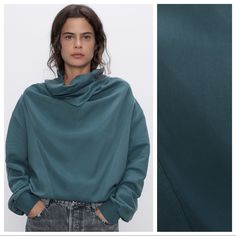 Nwt. Zara Draped Oversized Sweatshirt. Size M. Relaxed Fit Sweatshirt With Float Ruched Neckline And Long Sleeves. Ref. 4770/001. Pit To Pit 20" Flat, Shoulders 18.5", Sleeves 22", Length 26". Blue Drop Shoulder Top For Loungewear, Blue Drop Shoulder Tops For Fall, Blue Drop Shoulder Sweatshirt For Fall, Oversized Blue Turtleneck Top, Blue Oversized Turtleneck Top, Blue Oversized Top With Drop Shoulder, Fall Oversized Blue Top, Oversized Funnel Neck Top For Fall, Oversized Blue Top For Fall