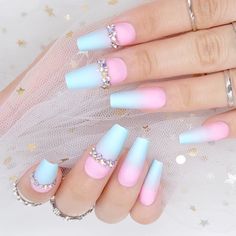 "This set of Cotton Candy press on nails comes in the color blue and pink ombre press on nails with some rhinestones on top. This luxury press on nail can be worn at any event and it looks better in real life than in pictures. Can be applied through glue or adhesive sticker.  Nail Set includes: -24 pieces with 12 inclusive sizings -Double-sided nails file -Wooden Stick -Nail file -Alcohol Pad Hi Etsy Fam, I want to say, \"Welcome to NanaStudioUs run by Nailsnana!\"  I am so happy to share the joy of press on nails with you all. After my experience with press on nails, I have totally fell in love with it. 1) They are NON DAMAGING to your natural nails  2) Easy to Apply and Remove in less than 10 minutes 3) For people who can't constantly wear nail due to work or school 4) Don't want to spen Nails File, Blue Ombre Nails, Nagellack Trends, Pink Ombre Nails, Coffin Press On Nails, Nail Stamping, Pink Ombre