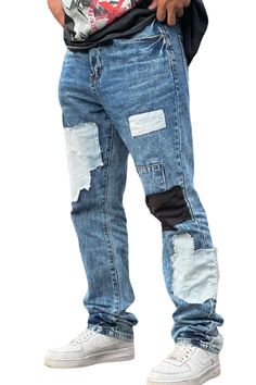 Mens Straight Leg Demin Patch Jeans Patched Denim Jeans, Patch Jeans, Patched Jeans, Straight Leg Denim, Leg Design, Mens Jeans, Straight Leg, Wardrobe, Design