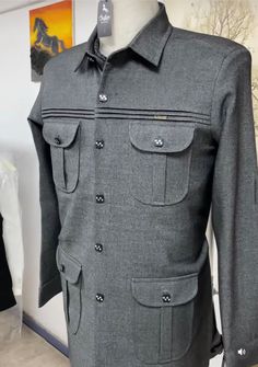 Safari Suit - Etsy Fitted Gray Suits, Fitted Gray Semi-formal Set, Fitted Gray Suit With Long Sleeves, Gray Fitted Suit With Long Sleeves, Safari Pocket Design, Safari Suits For Men Pocket Design, Elegant Gray Long Sleeve Sets, Safari Design For Men, Safari Suits For Men