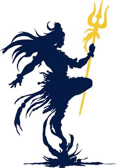 the silhouette of a demon holding a yellow sceptacle in his hand and standing on one leg