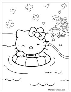 hello kitty swimming in the ocean with her bow on her head coloring pages for kids