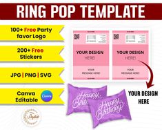 the ring pop birthday party flyer is shown in pink and yellow with purple lettering on it