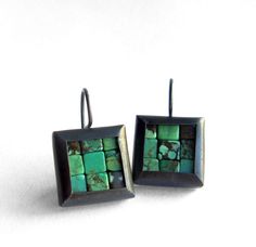 Mosaic Earrings - Turquoise Silver Earrings - Square Earrings - Turquoise Earrings - Blue Earrings - Handmade Square Turquoise Jewelry, Turquoise Earrings With Faceted Beads, Handmade Multicolor Square Earrings, Handmade Turquoise Enamel Earrings, Hypoallergenic Turquoise Glass Earrings, Modern Turquoise Nickel-free Earrings, Mosaic Earrings, French Wire Earrings, Micro Mosaic Jewelry