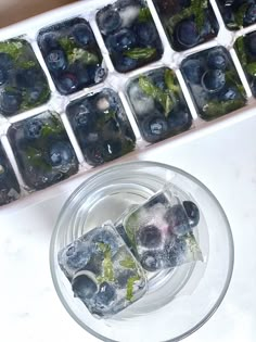 ice cubes filled with blueberries and mint on top of a white countertop