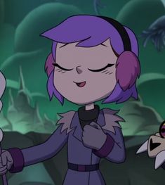 an animated character with purple hair and headphones standing in front of two other characters