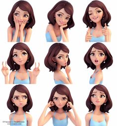 an animated woman poses with different expressions for her face and hands to show how she looks like