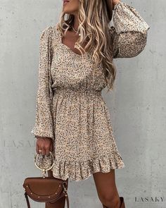 Lasaky - Long Sleeve Elastic Waist Ruffle Trim Floral Dress Tassel Dress, Weave Style, Long Puff Sleeves, Long Sleeve Mini, Casual Summer Dresses, Autumn Fashion Women, Fashion Colours, Printed Mini Dress, Waist Dress