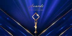 an abstract blue and gold background with the words awards on it, surrounded by bright lights