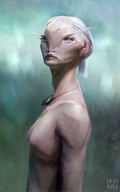 an artistic painting of a woman with white hair and piercings on her head, looking up at the sky