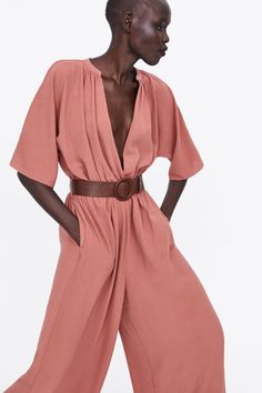 ZARA - Female - Belted wrap jumpsuit - Nude - S Suede Jumpsuit, Zara Store, Wrap Jumpsuit, Petite Jumpsuit, Playsuit Dress, Lace Jumpsuit, Satin Midi Dress, Long Jumpsuits, Floral Jumpsuit