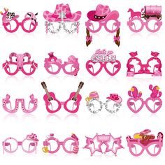 a set of pink glasses with different designs and shapes on them, all in the shape of hearts