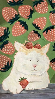 a painting of a white cat with strawberries on its head sitting in front of a green background