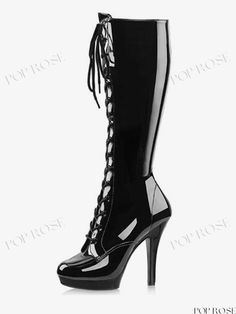 Women's Lace Up Stiletto Heels with Platform and Knee Boots Evening Knee-high Patent Leather Heels, Evening Patent Leather Knee-high Heels, Evening Patent Leather Heels, Knee-high Patent Leather Heels For Formal Occasions, Elegant Lace-up Heels For Club, Formal Knee-high Platform Heels, 4-inch Heel Lace-up Party Boots, Party Lace-up Heeled Boots With 4-inch Heel, Chelsea Boots Heel