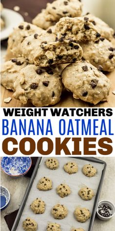 banana oatmeal cookies with chocolate chips on top and in the background, there are