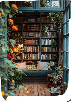 an open bookcase with lots of books and plants on it, in front of a window