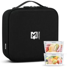 a black lunch box with two containers filled with fruit