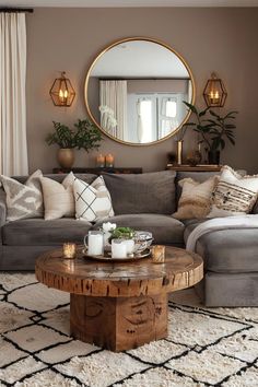 a living room filled with furniture and a round mirror