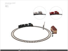 a toy train set is shown in three different positions, including the track and building