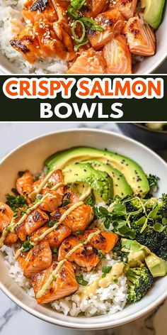 two bowls filled with shrimp, broccoli and rice on top of each other