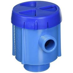 a blue plastic water tank with an outlet on the side and a hole in the middle