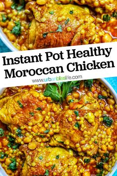 instant pot healthy moroccan chicken in a white bowl on a blue background with the words instant pot healthy moroccan chicken