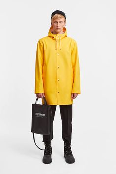 Sweat Noir, Raincoat Fashion, Yellow Raincoat, Rain Coat, Waterproof Fabric, Metal Buttons, Dark Denim, Welt Pocket, Stockholm