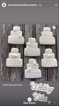 wedding cakes are on display in front of a wooden background with an advertise