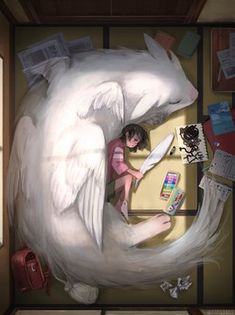 a painting of a woman cutting into a giant white animal with wings and tail, surrounded by other items