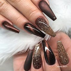 Brown Acrylic Nails, Gold Acrylic Nails, Unghie Sfumate, Gold Glitter Nails, Fall Acrylic Nails, Shiny Nails, Cat Eye Nails