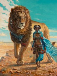 a painting of a woman standing next to a lion in the middle of a desert