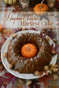 a pumpkin chocolate harvest cake on a plate