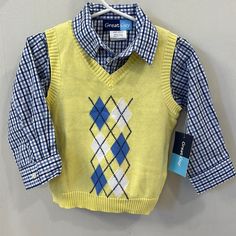 Great Guy Plaid Button Down And Vest Combo - 24 Months New With Tags - Blue And White Plaid Button Down Shirt - Separate Yellow And Blue Vest - Originally A 3 Piece Set - Being Sold With Only The 2 Piece Shirt And Vest Combo New And Never Worn - Smoke Free Home! Yellow Fitted School Top, Fitted Yellow Tops For Playtime, Yellow Fitted Tops For School, Guy Shirts, Pink Flannel, Blue Vest, Kids Fleece, Blue Vests, Girls Cardigan