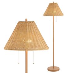 two lamps made out of wicker and wooden sticks, one with a light bulb on it